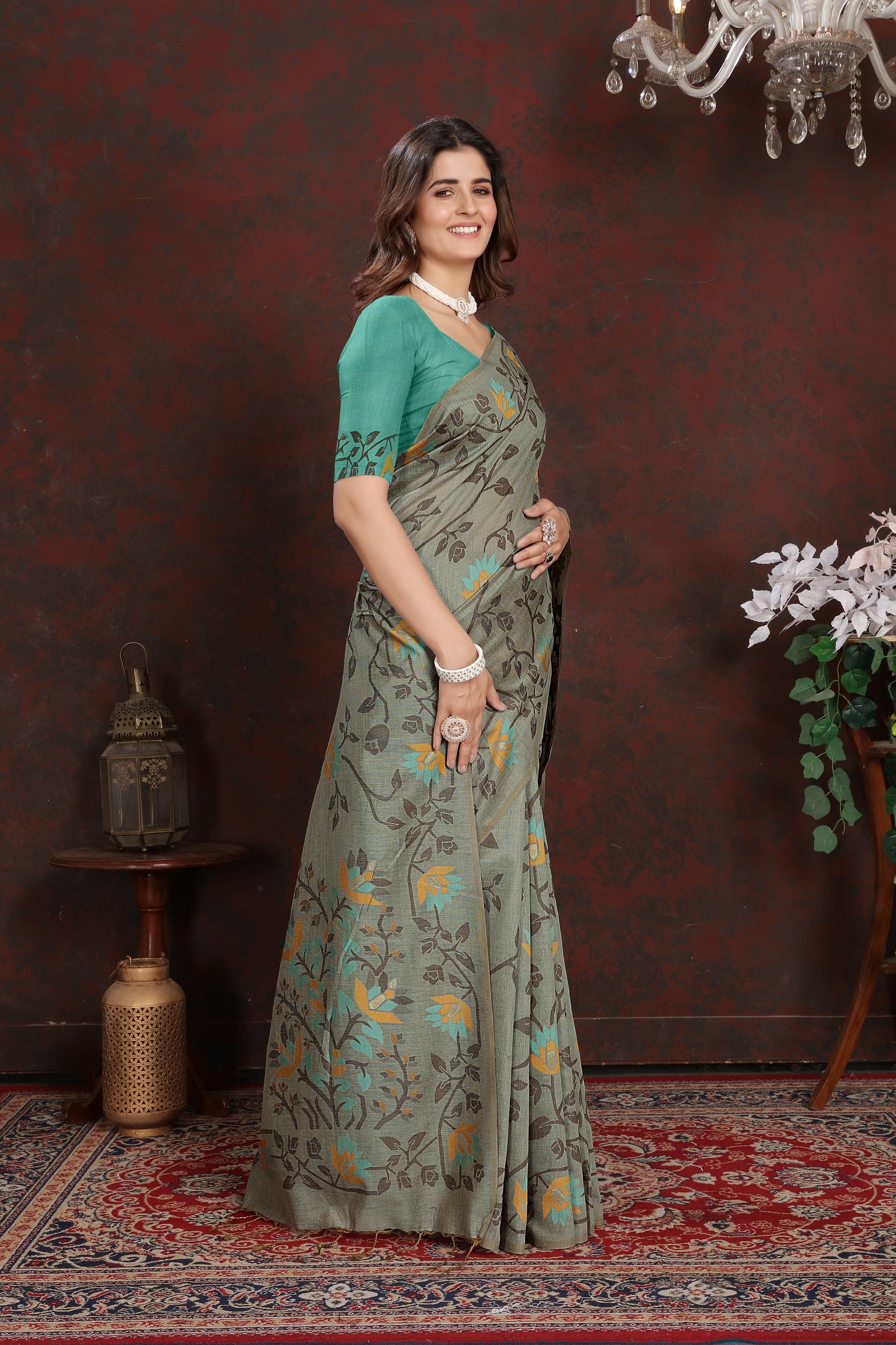 Dhiyona GR Women's Trisha Grey Pure Mul Cotton Jamdani Saree