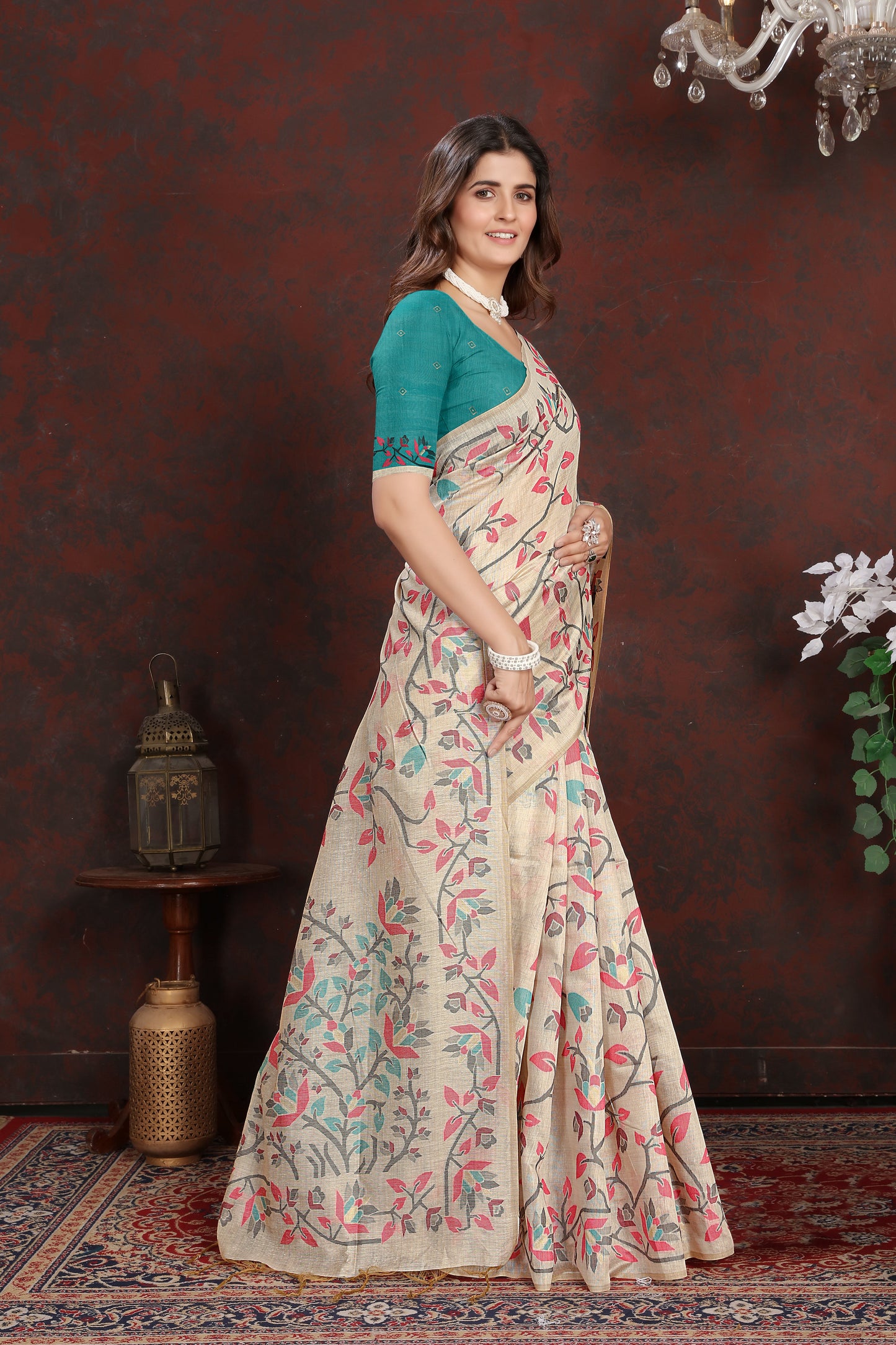 Dhiyona GR Women's Trisha Turquoise Pure Mul Cotton Jamdani Saree