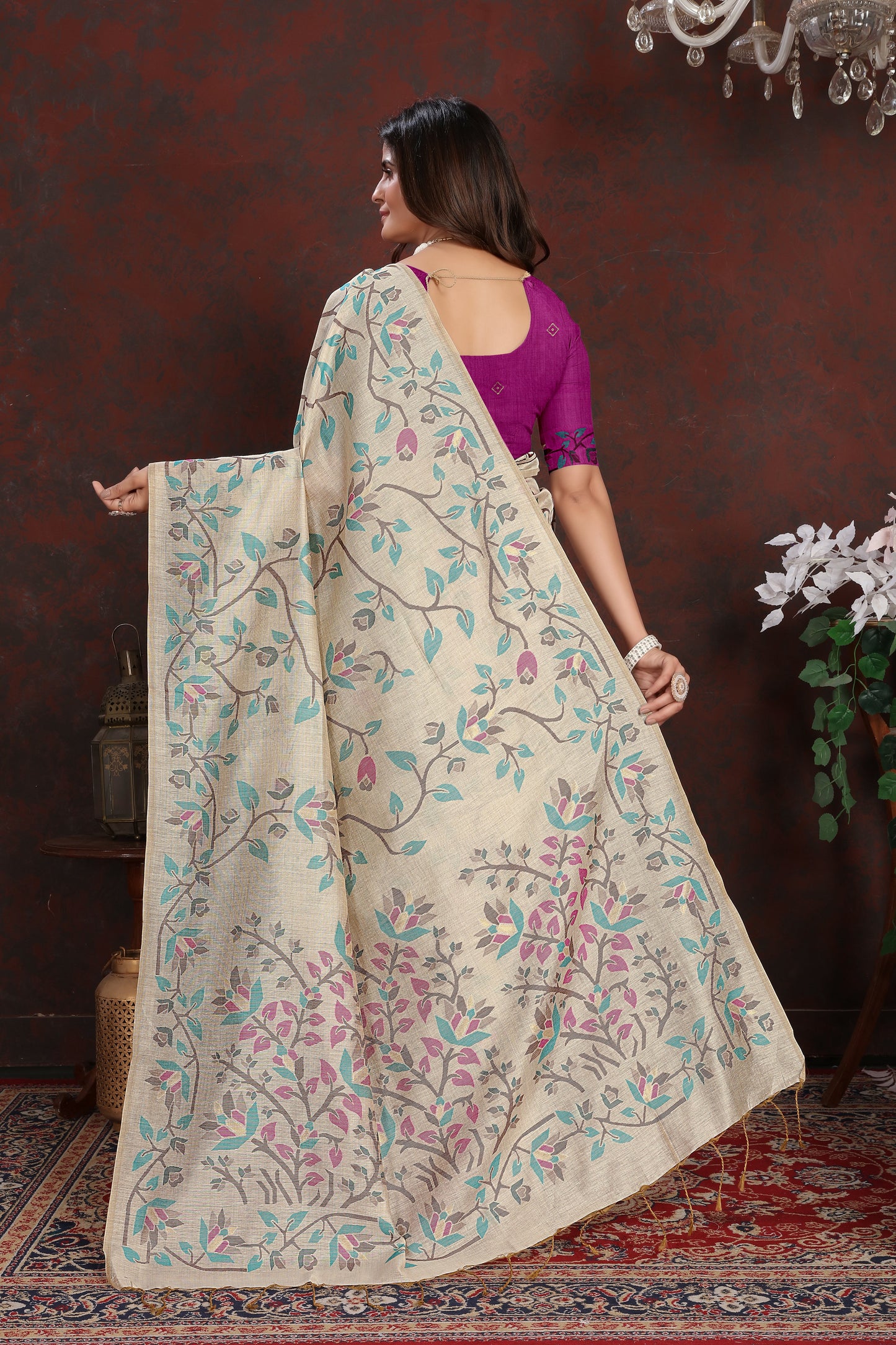 Dhiyona GR Women's Trisha Plum Wine Pure Mul Cotton Jamdani Saree