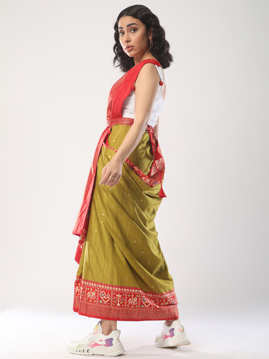 Women's Silk Blend Olive Woven Design Designer Saree With Blouse Piece