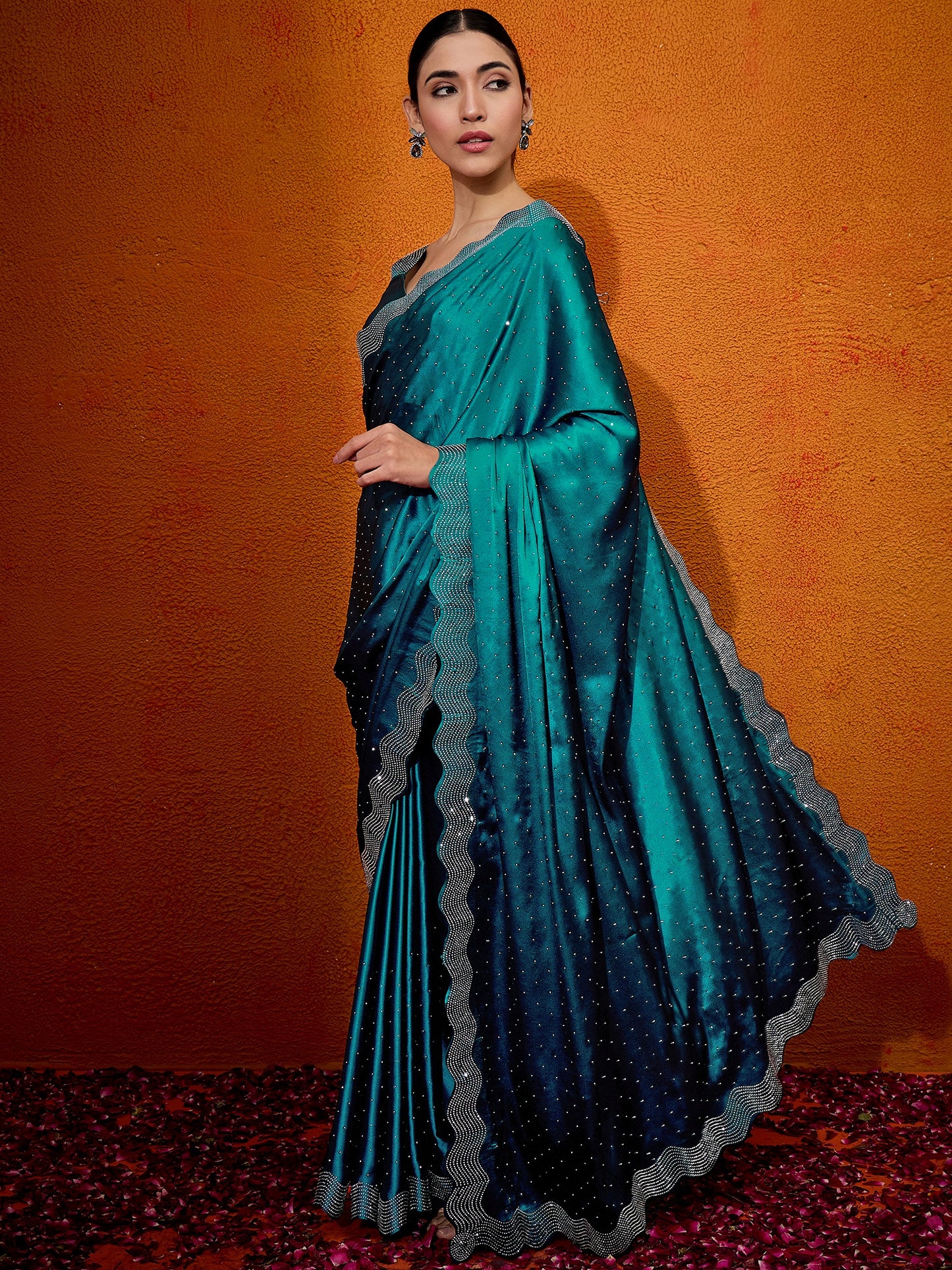 Women's Satin Silk Teal blue Embellished Designer Saree With Blouse Piece
