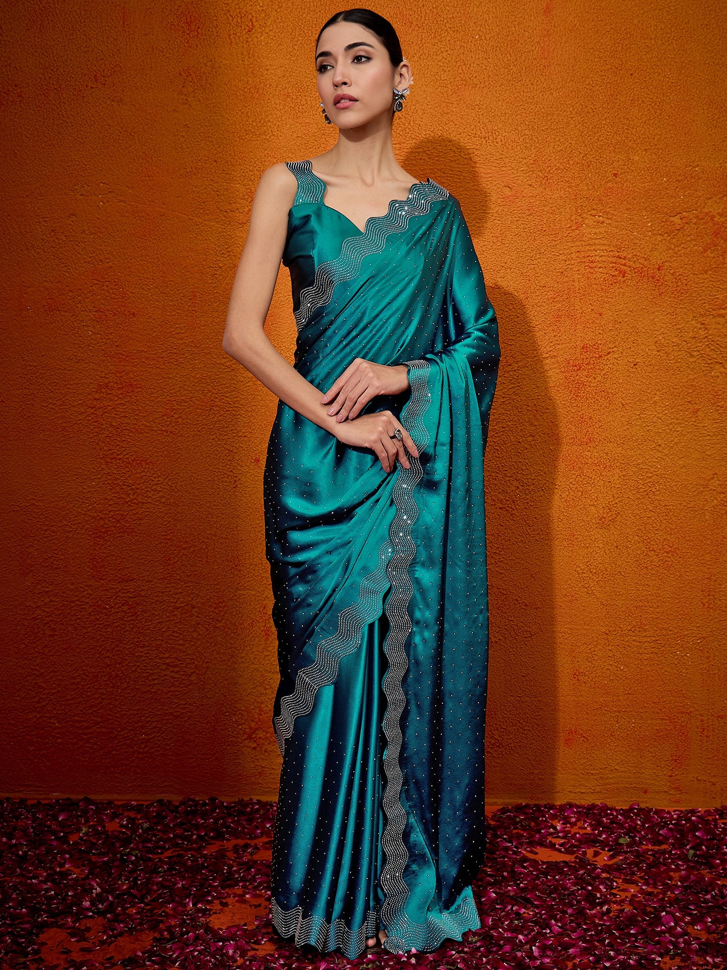 Women's Satin Silk Teal blue Embellished Designer Saree With Blouse Piece