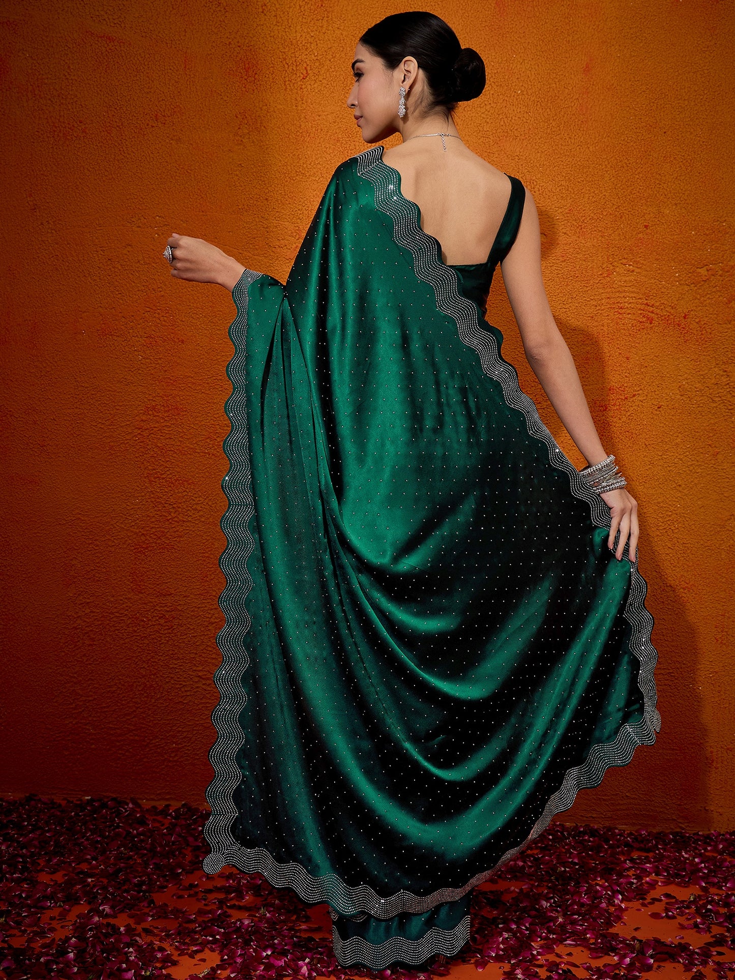 Women's Satin Silk Green Embellished Designer Saree With Blouse Piece
