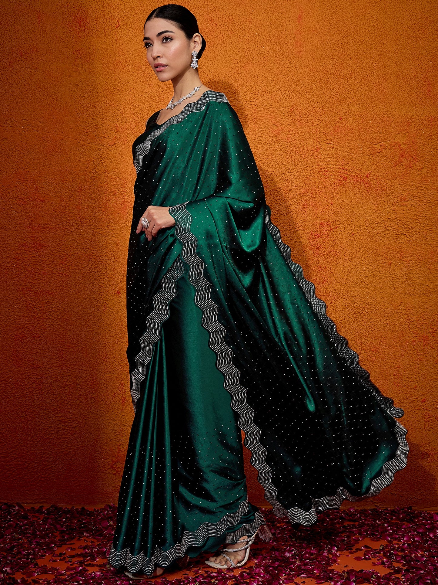 Women's Satin Silk Green Embellished Designer Saree With Blouse Piece