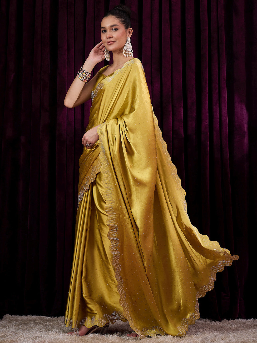 Women's Satin Silk Mustard Embellished Designer Saree With Blouse Piece
