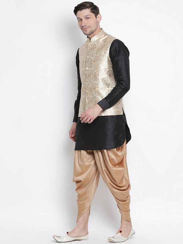 Men's Black Silk Blend Straight Jacket Kurta and Dhoti Set