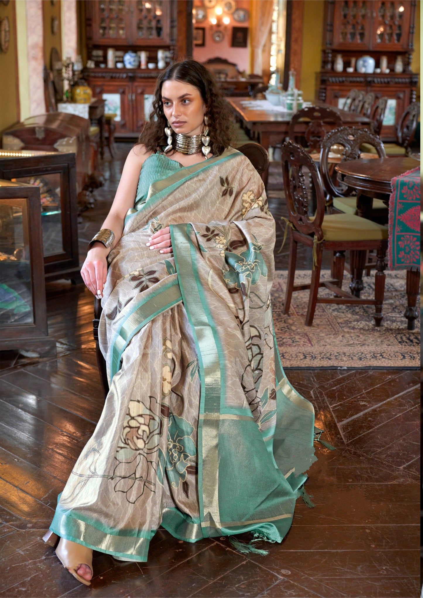 Dhiyona GR Women's Turquoise Blue & Grey Banarasi Digital Soft Silk Saree