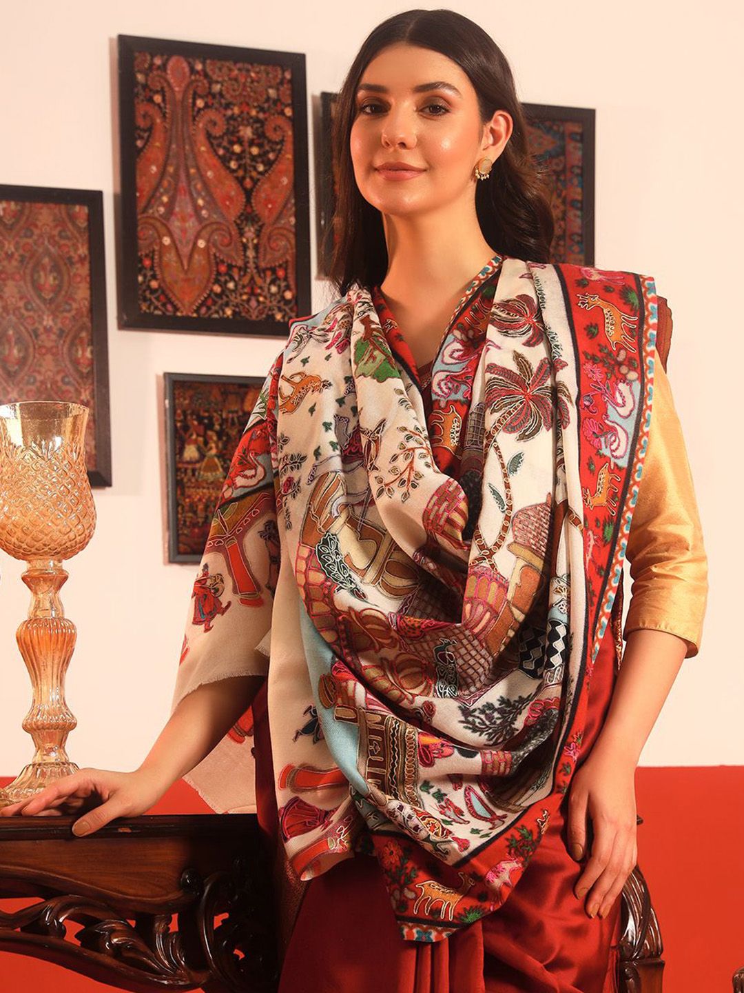 Dhiyona PA Ethnic Motifs Woven Design Naqqashi Pure Wool Kalamkari Shawl