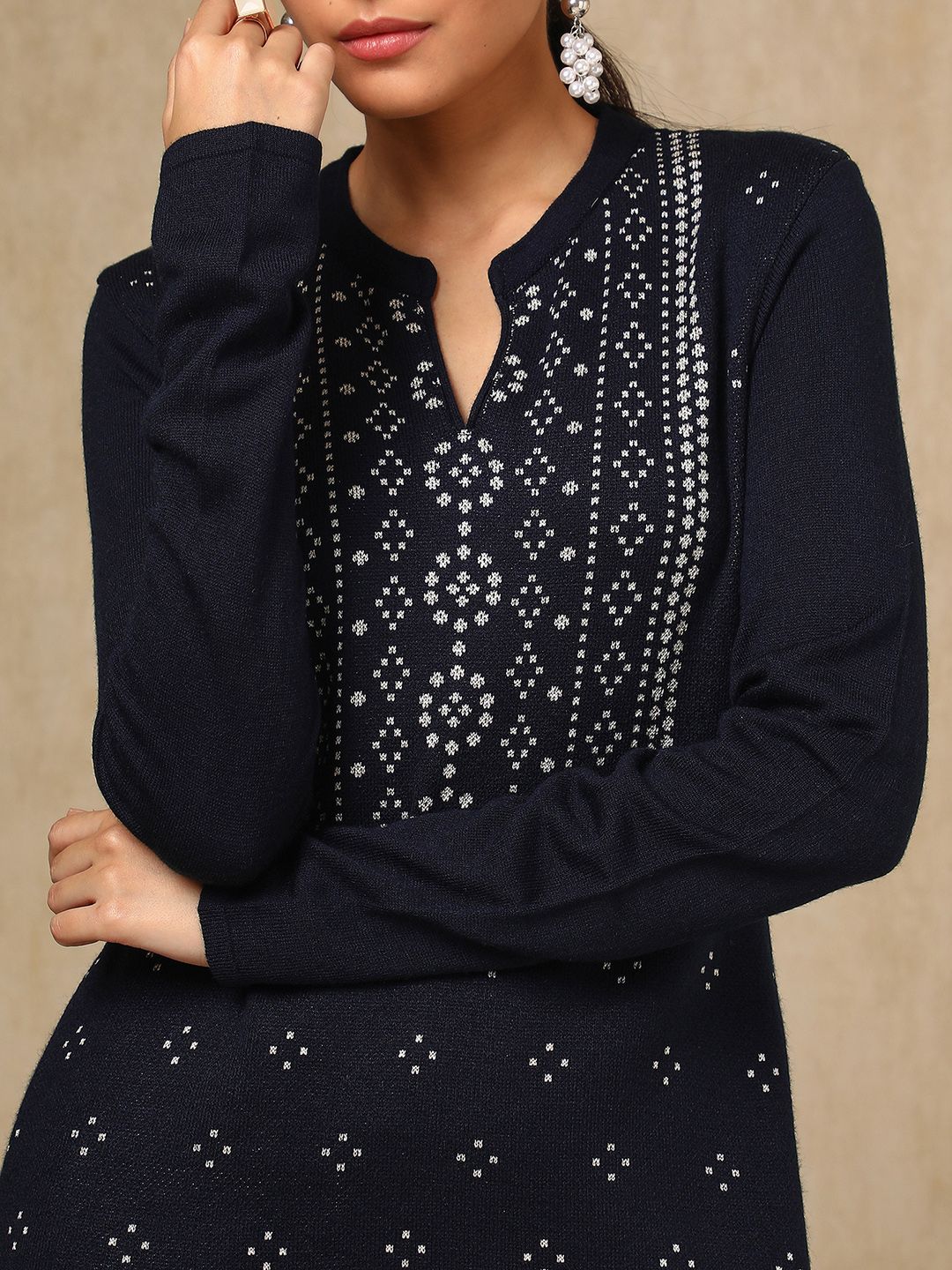 Dhiyona SO Women's Navy Blue Floral Woven Design Mandarin Collar Acrylic Straight Kurta With Trouser