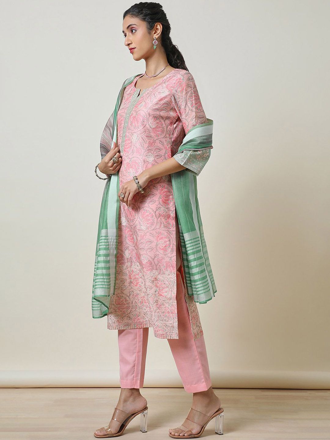 Dhiyona SO Women's Pink Ethnic Motifs Printed Thread Work Chanderi Silk Kurta With Trousers & Dupatta