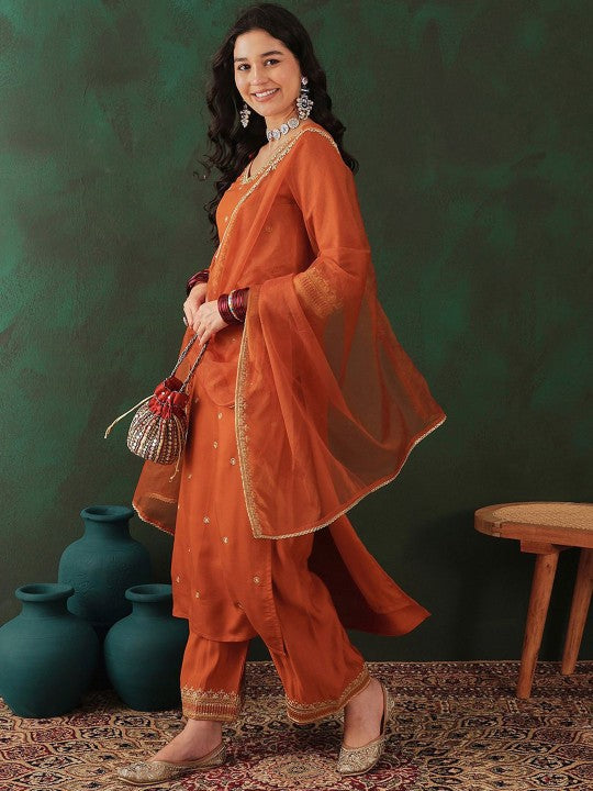 Women's Floral Embroidered Zari Straight Kurta & Trouser With Dupatta