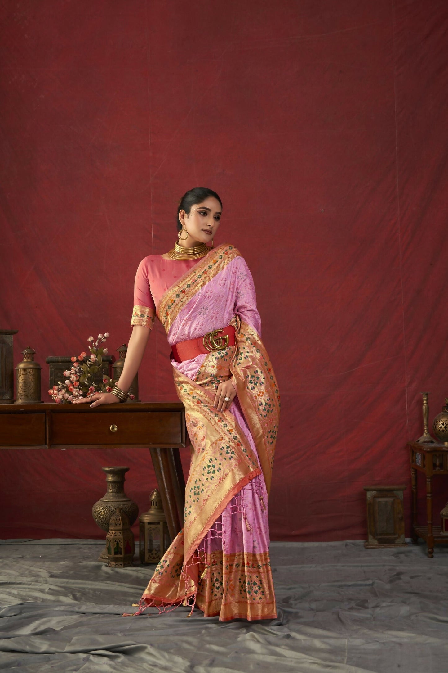 Women Paithani Bansi Baby Pink Saree With Unstiched Blouse