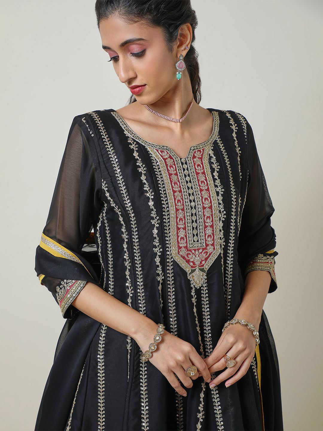 Dhiyona SO Women's Embroidered Sequinned Notch Neck Anarkali Kurta with Palazzos & Dupatta