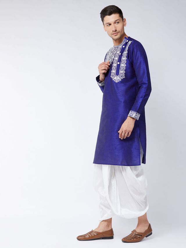 Men's Blue Silk Blend Angrakha Kurta and Dhoti Set