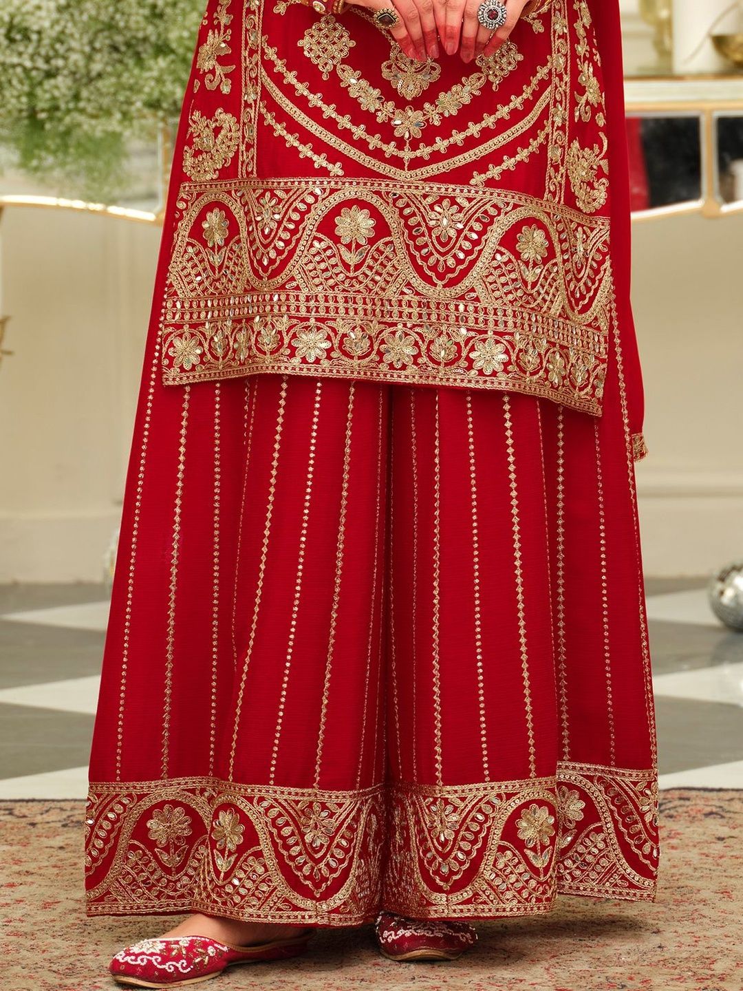 Ethnic Motifs Embroidered Mirror Work Straight Kurta & Palazzos With Dupatta
