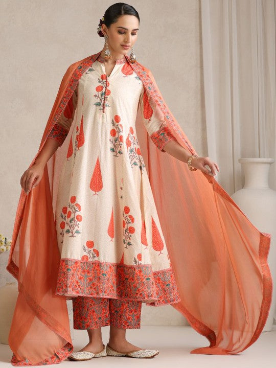 Women's Floral Printed Regular Pure Cotton Kurta with Palazzos & With Dupatta