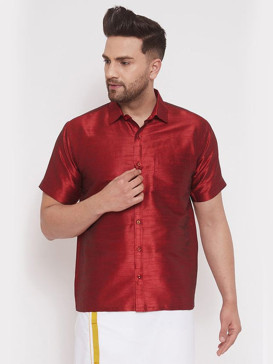 Men's Maroon Silk Blend Straight Ethnic Shirt