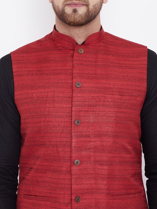 Men's Black Cotton Blend Straight Jacket Kurta and Pyjama Set