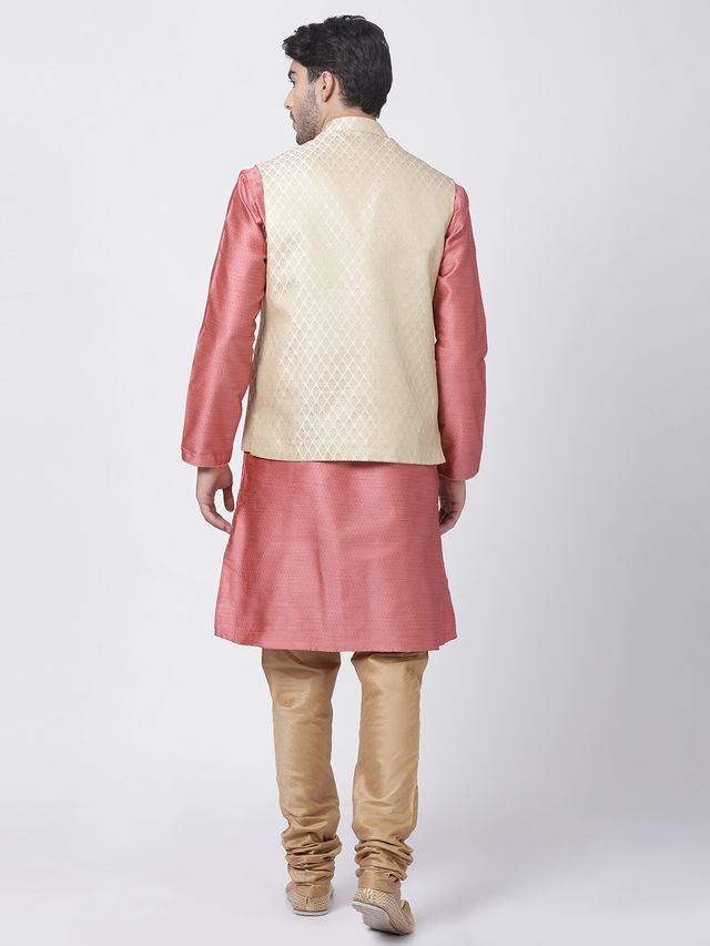 Men's Pink Silk Blend Straight Jacket Kurta and Pyjama Set