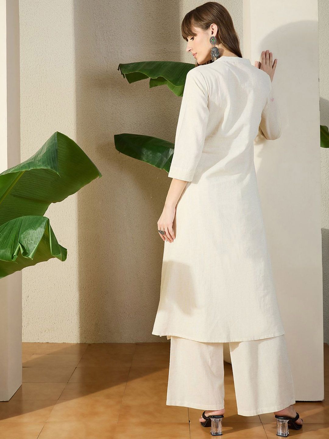 Dhiyona IE Floral Embroidered Pure Cotton Mandarin Collar Top With Trousers Co-Ords