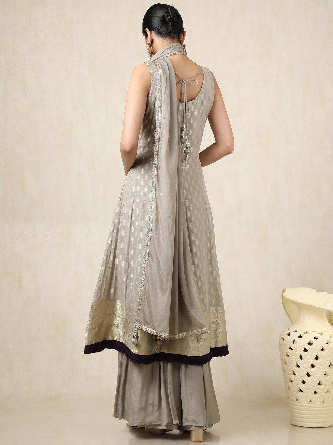 Dhiyona SO Women's Floral Woven Design Zari Work Sweetheart Neck Anarkali Kurta With Palazzos & Dupatta
