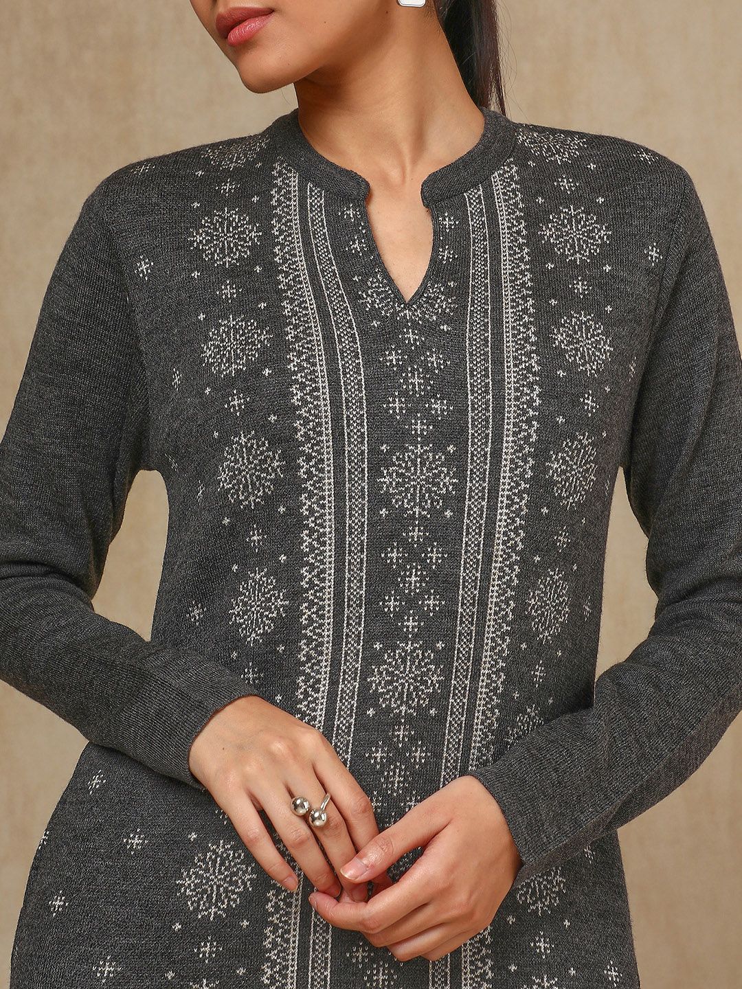 Dhiyona SO Women's Charcoal Floral Woven Design Mandarin Collar Acrylic Straight Kurta With Trouser