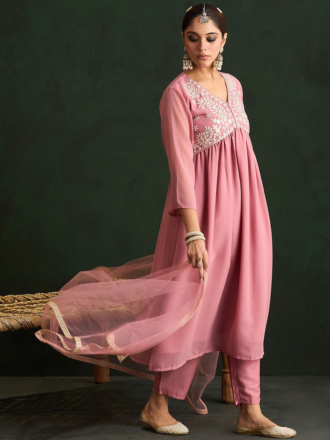 Mauve Paisley Embroidered V-Neck Georgette A-Line Kurta with Trousers & Dupatta