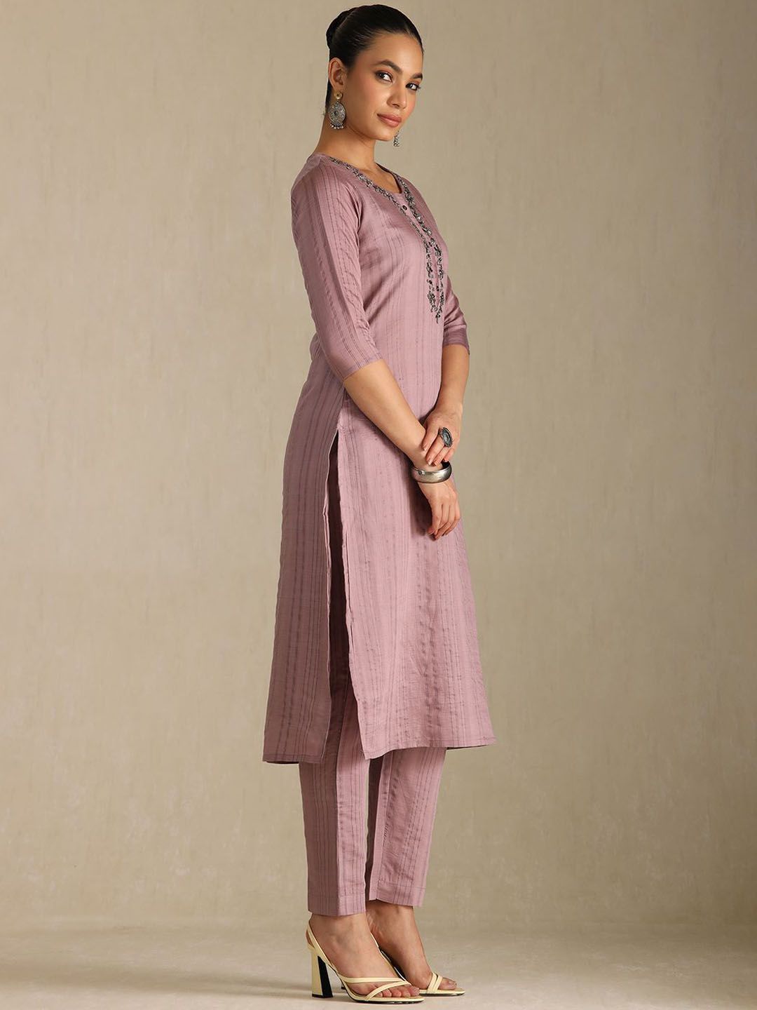 Dhiyona SO Women's Striped Beads and Stones Straight Kurta with Trouser