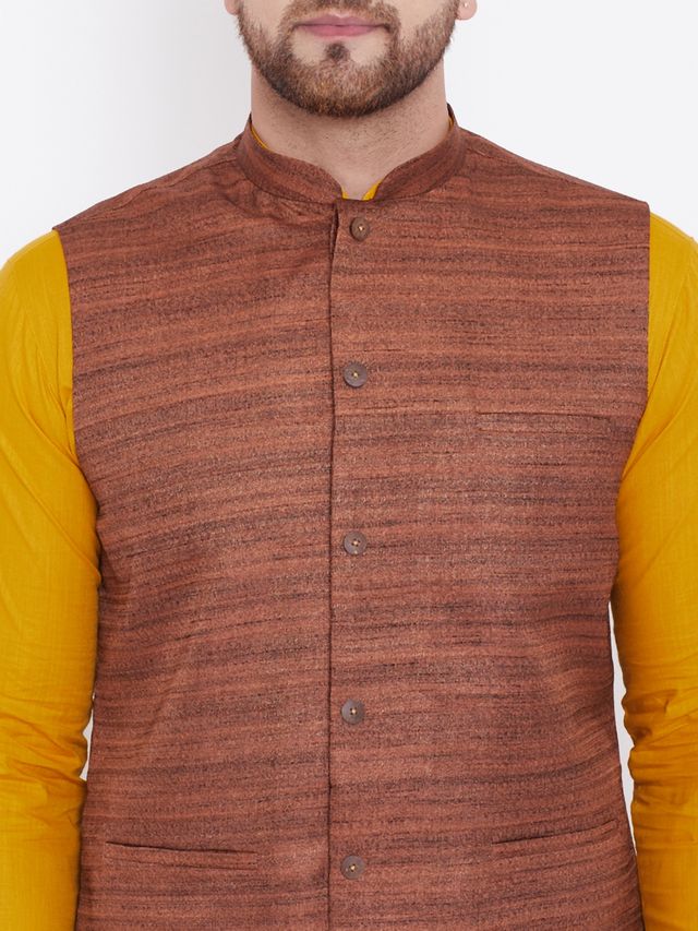 Men's Mustard Cotton Blend Straight Jacket Kurta and Pyjama Set