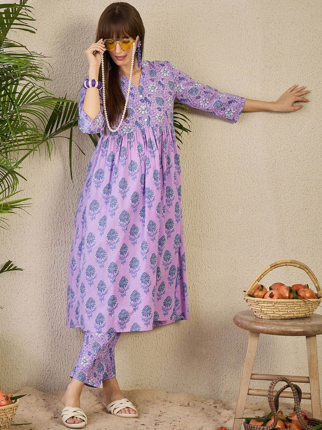 Dhiyona IE Printed V-Neck Pure Cotton Kurta & Trousers