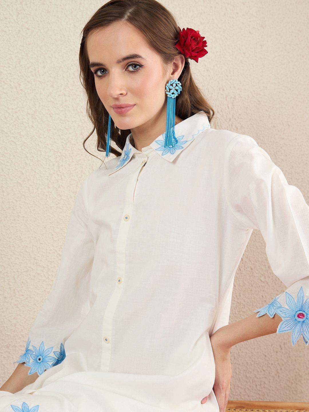 Women Floral Embroidered Regular Thread Work Pure Cotton Kurta with Trousers