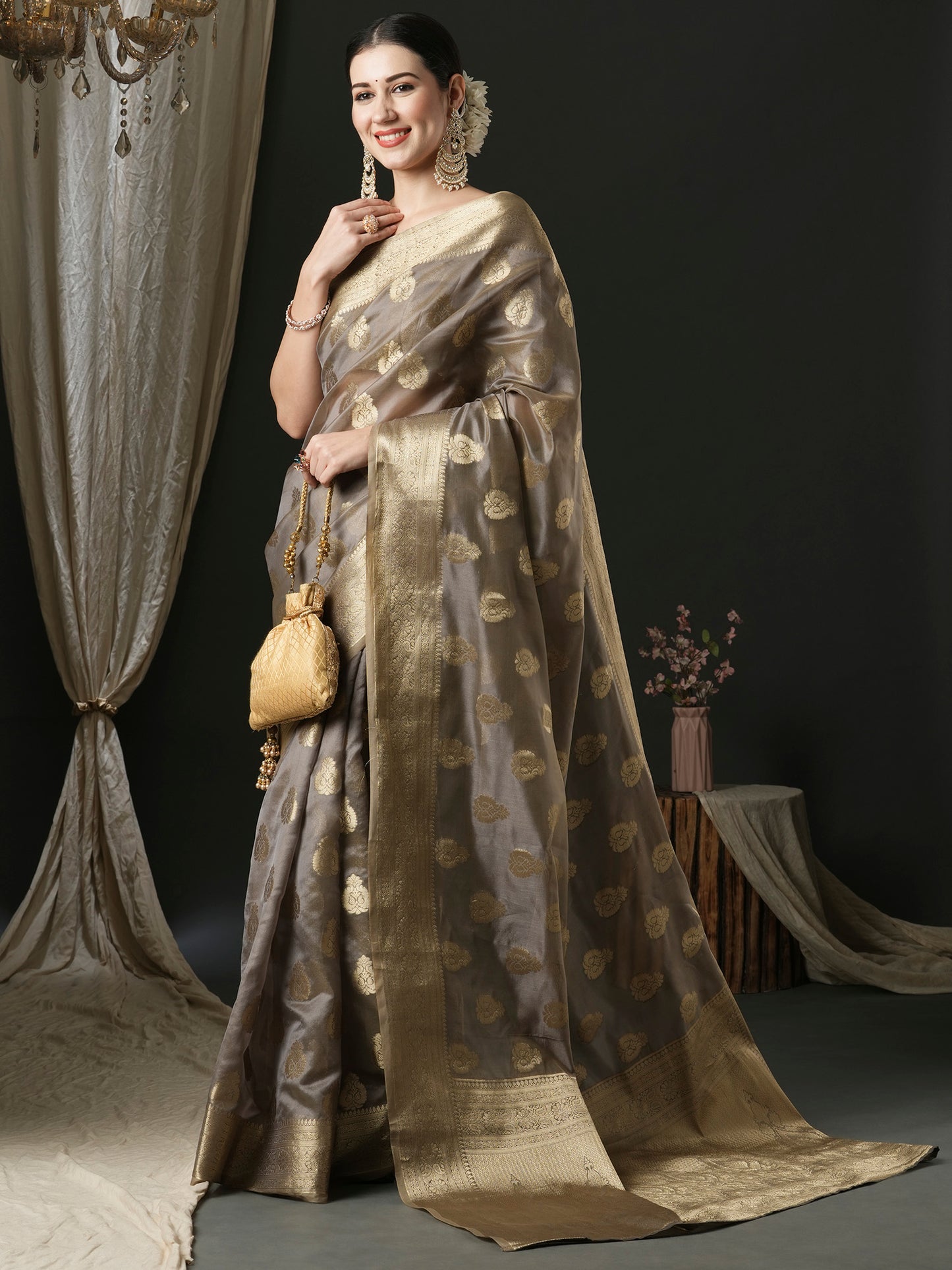 Women's Organza Grey Woven Design Designer Saree With Blouse Piece