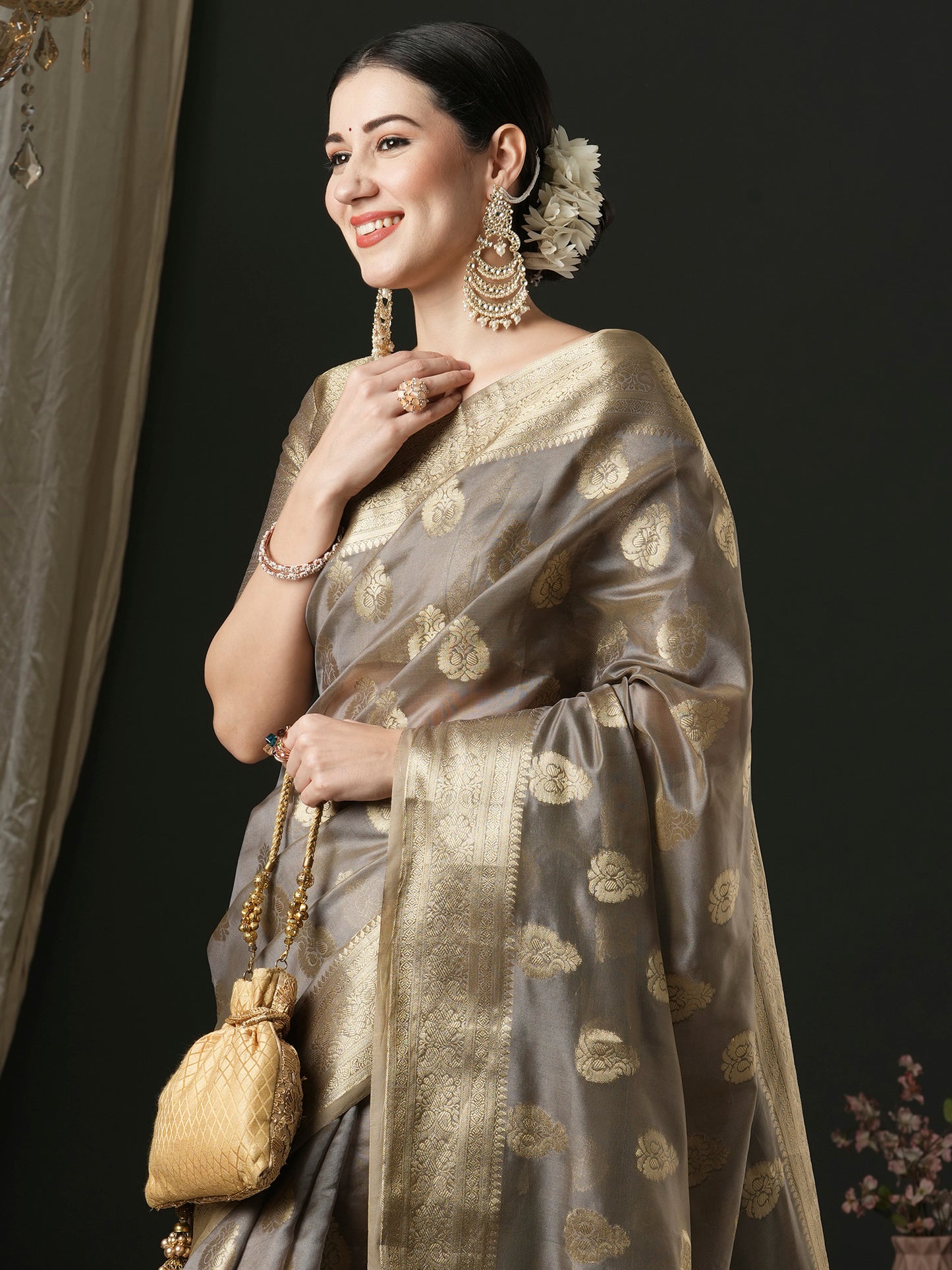 Women's Organza Grey Woven Design Designer Saree With Blouse Piece
