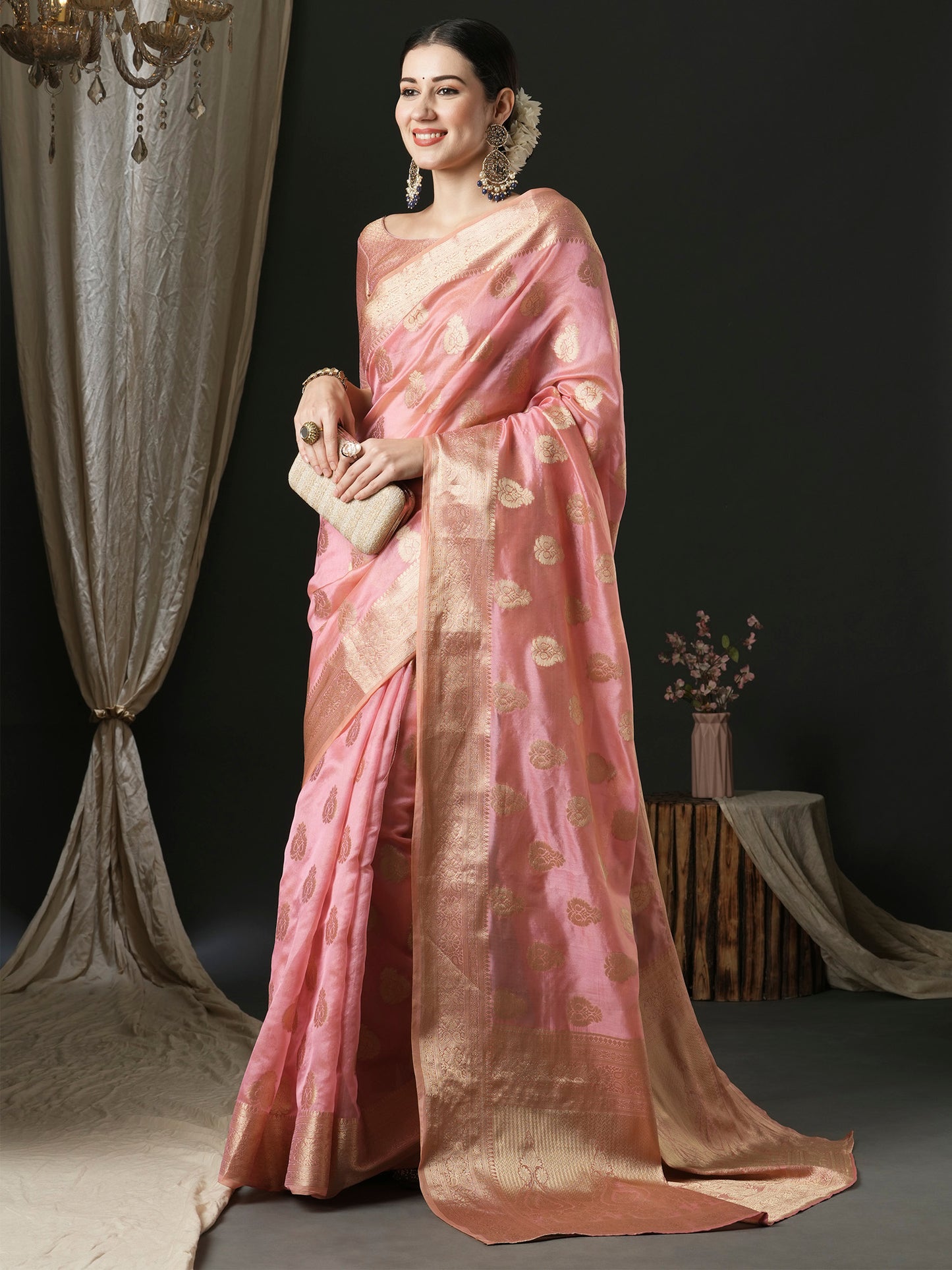 Women's Organza Pink Woven Design Designer Saree With Blouse Piece
