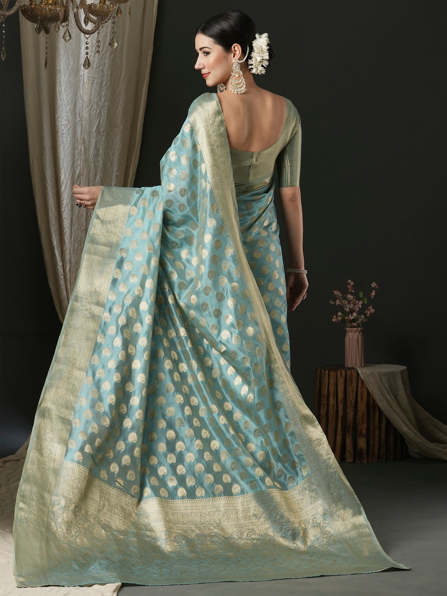 Women's Organza Light Blue Woven Design Designer Saree With Blouse Piece