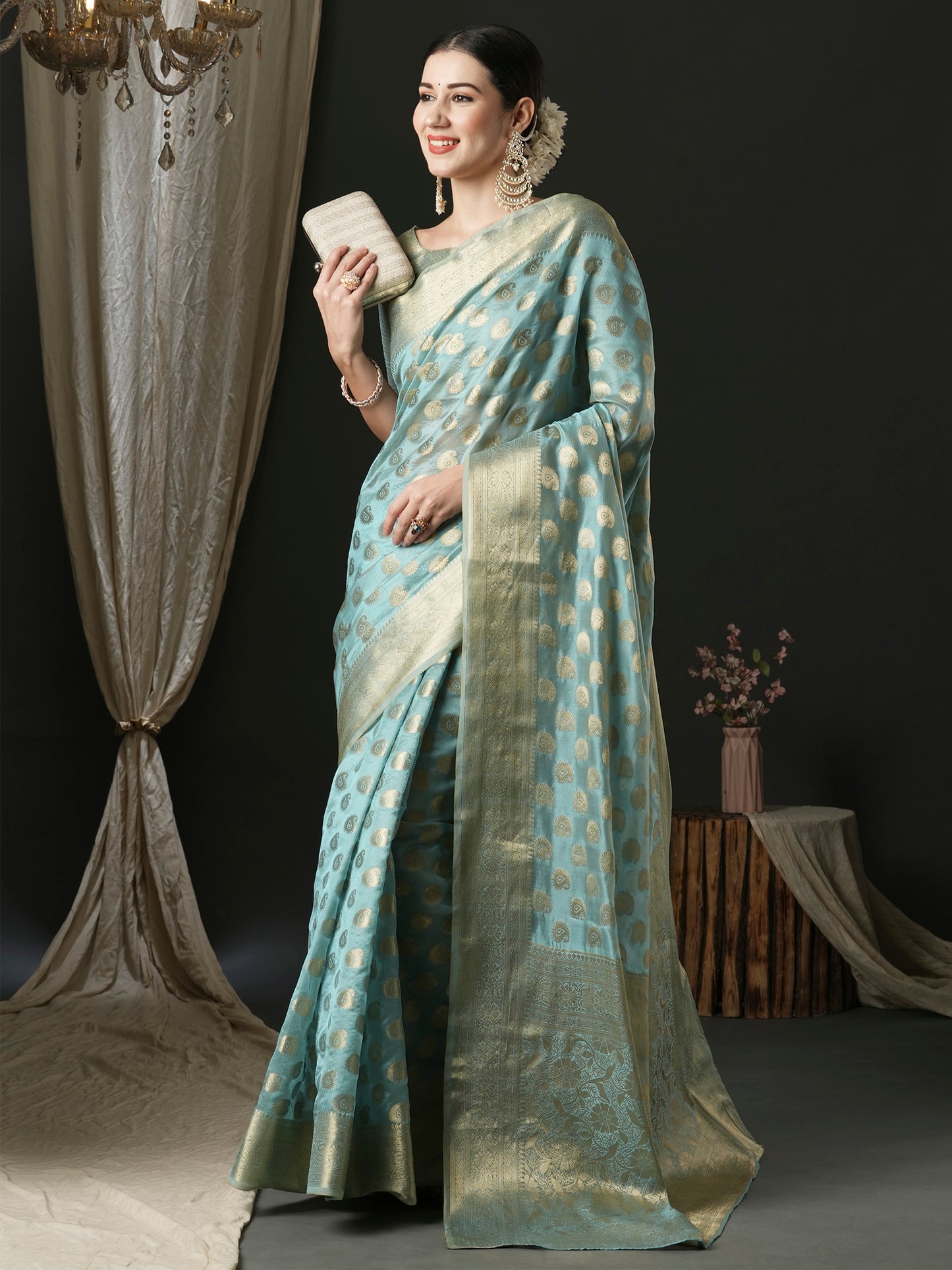 Women's Organza Light Blue Woven Design Designer Saree With Blouse Piece