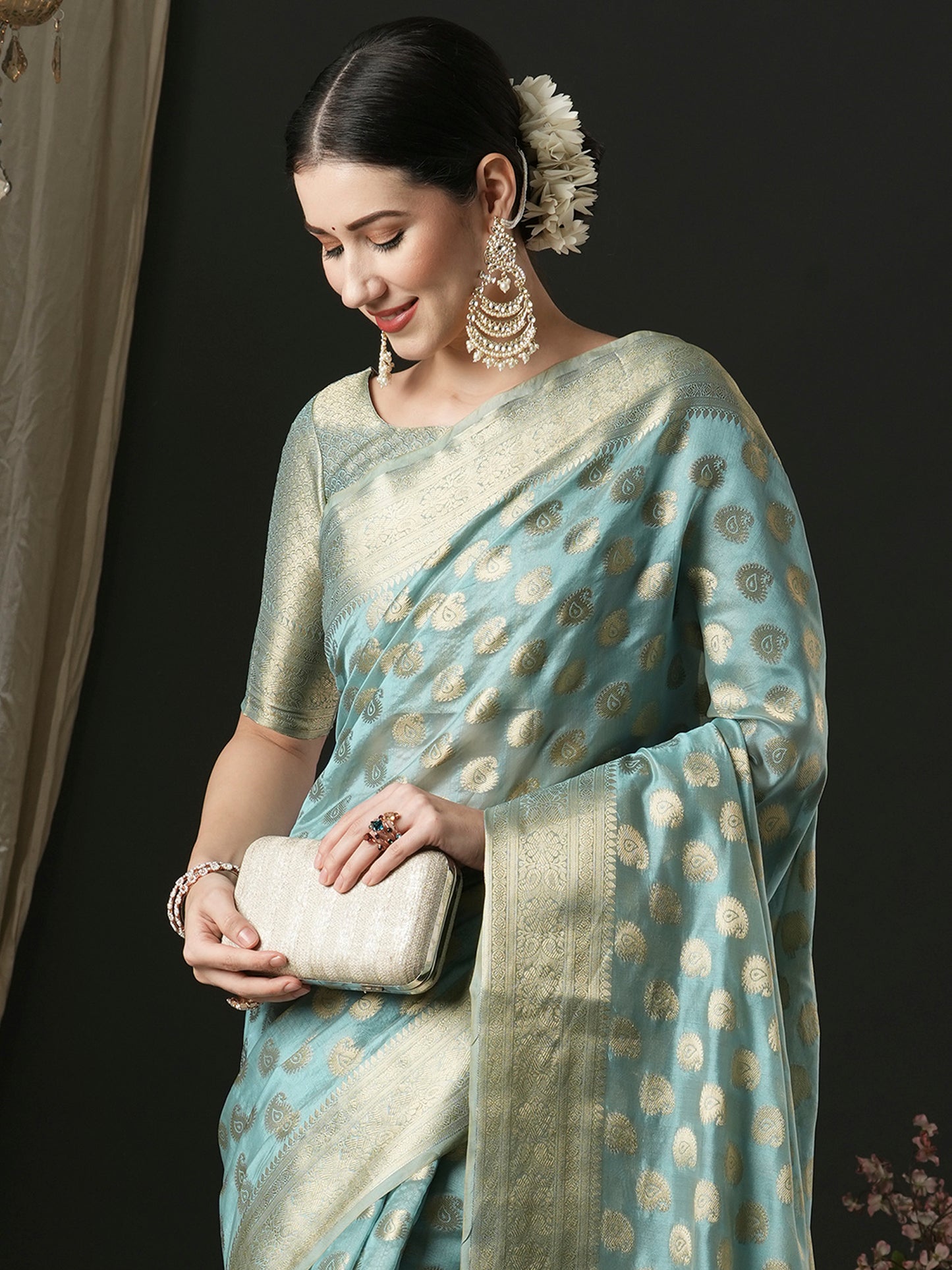 Women's Organza Light Blue Woven Design Designer Saree With Blouse Piece