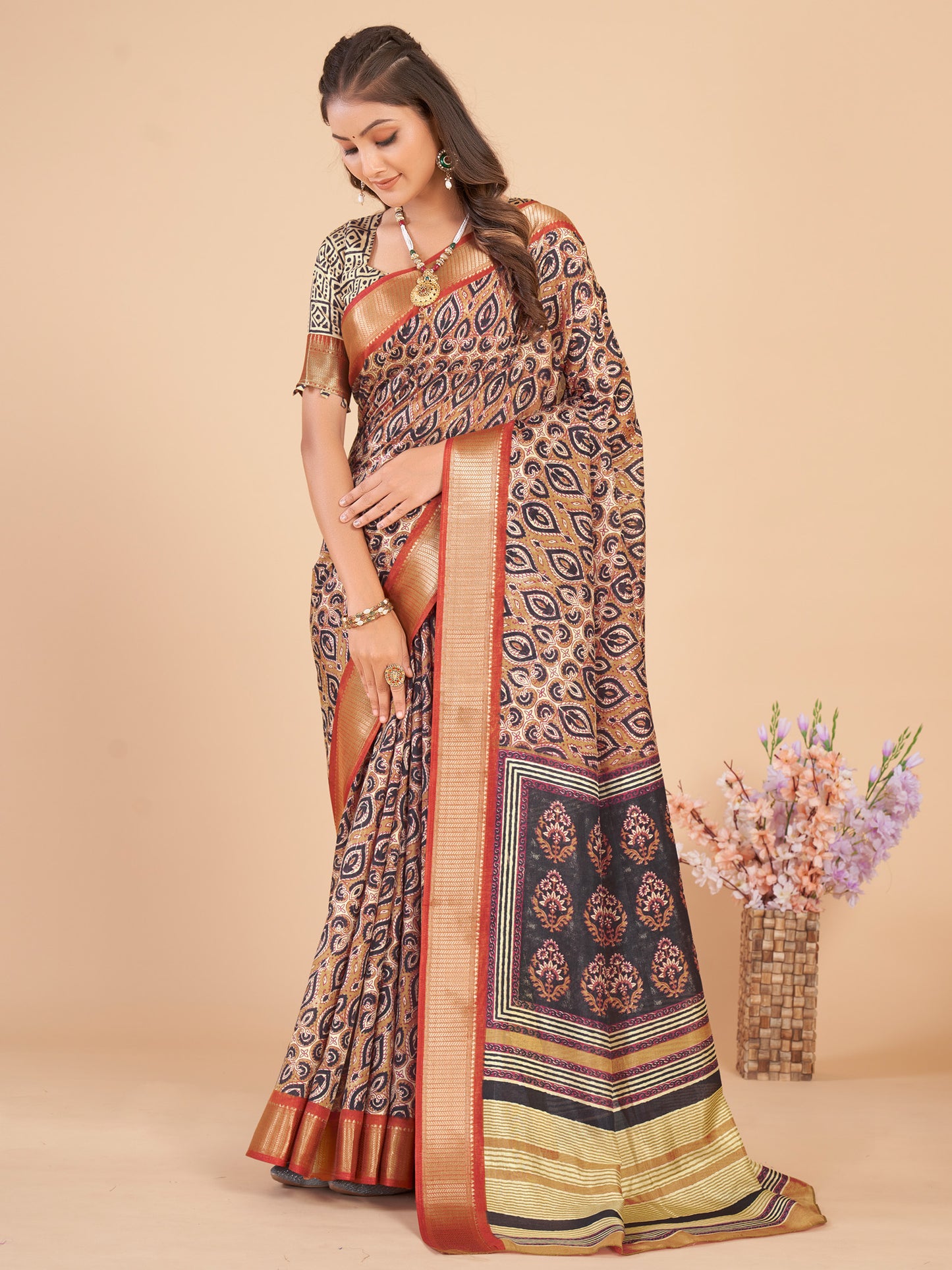 Women's Dola Silk Beige Woven Design Designer Saree With Blouse Piece