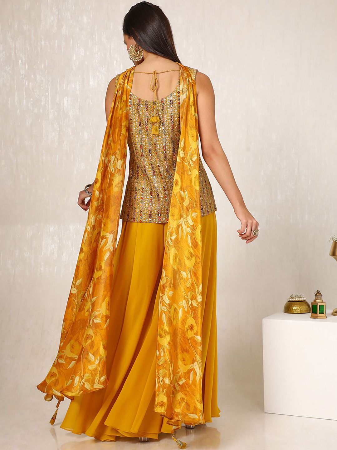 Dhiyona SO Women's Alina Cut Ethnic Motifs Embroidered Sequinned Kurti with Palazzos & With Dupatta