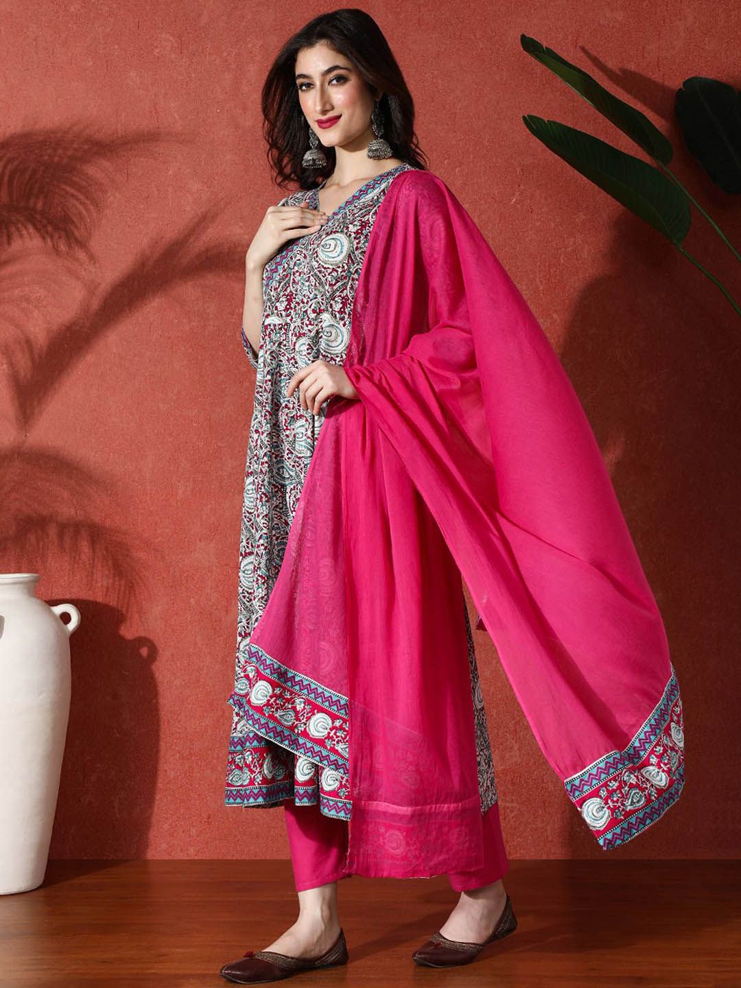 Dhiyona SN Women's Paisley Printed & Embroidered Pure Cotton A-Line Kurta & Trousers With Dupatta