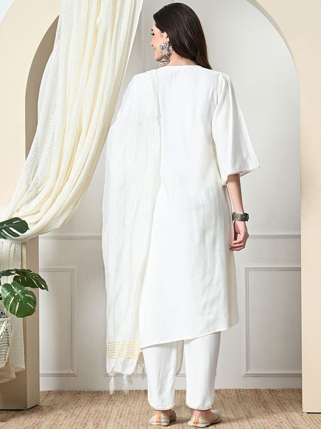 Dhiyona SN Women's Sequinned V-Neck A-Line Kurta With Dhoti Pants & Dupatta