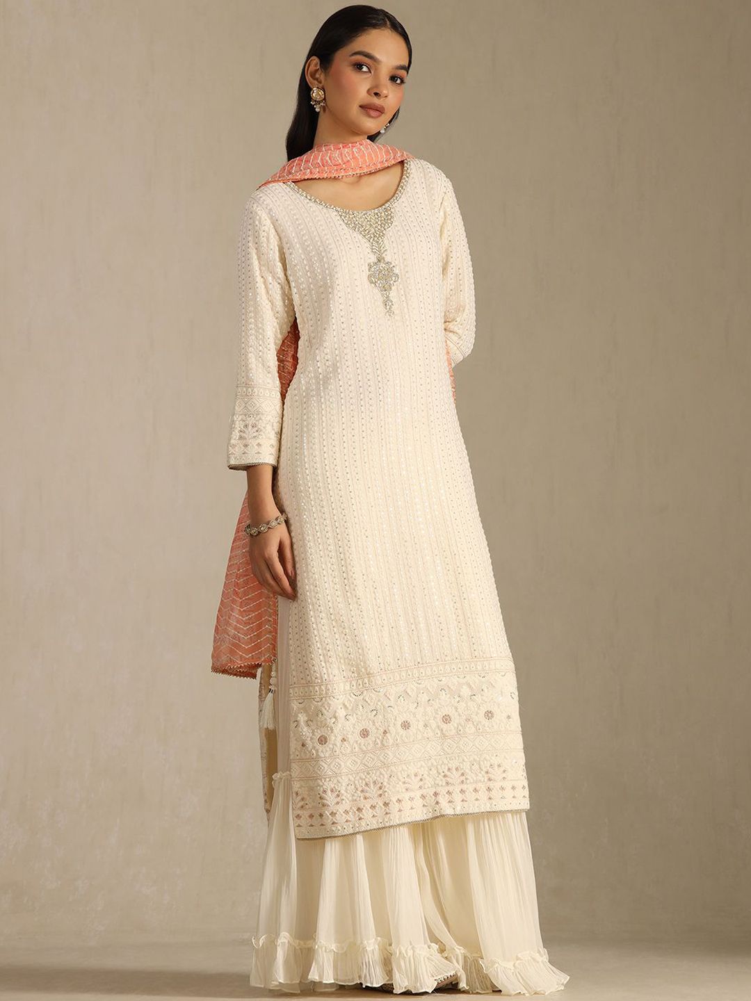 Dhiyona SO Women's Ethnic Motifs Embroidered Beads And Stones Georgette Kurta With Palazzos & Dupatta