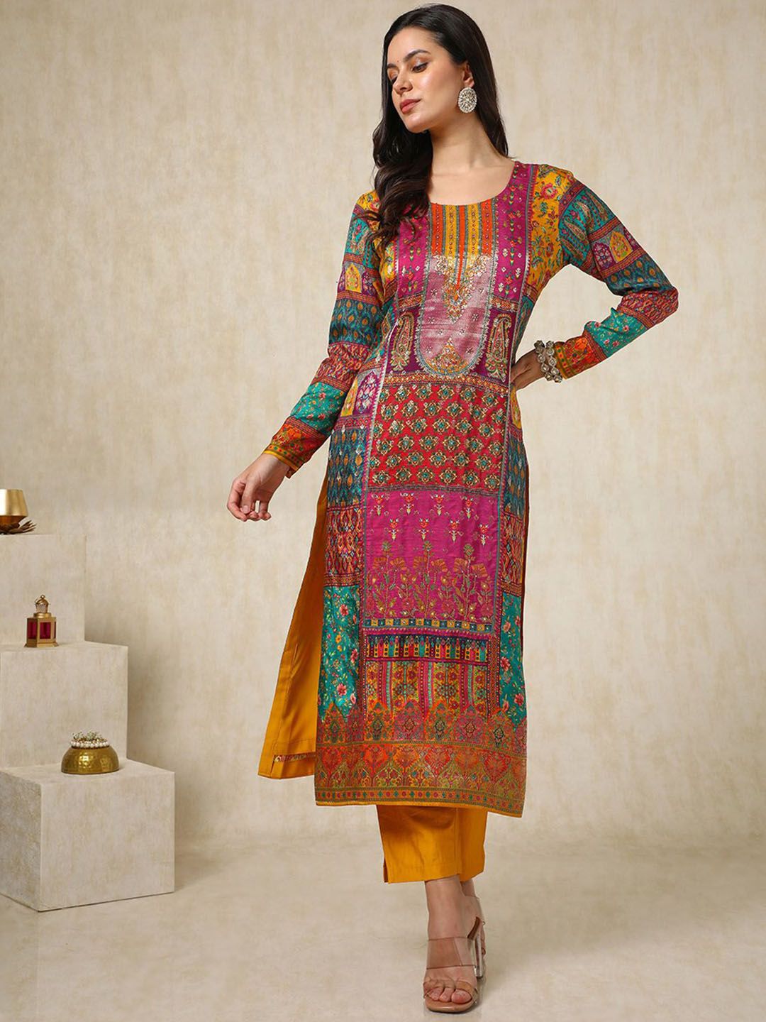 Dhiyona SO Women's Ethnic Motifs Printed Mirror Work Straight Kurta With Trouser & Dupatta