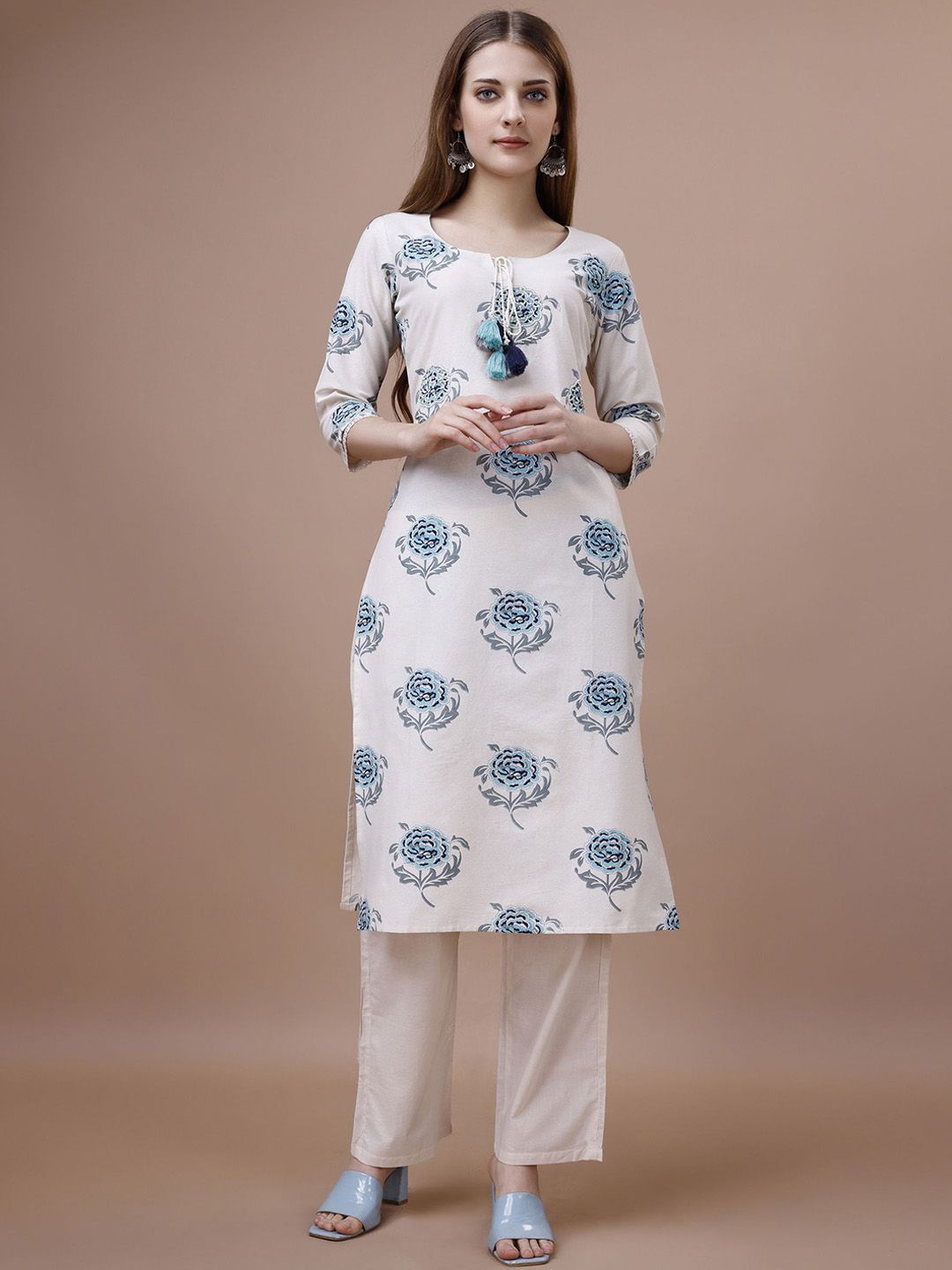 Dhiyona OD Floral Printed Tie-Up Neck Cotton Straight Kurta