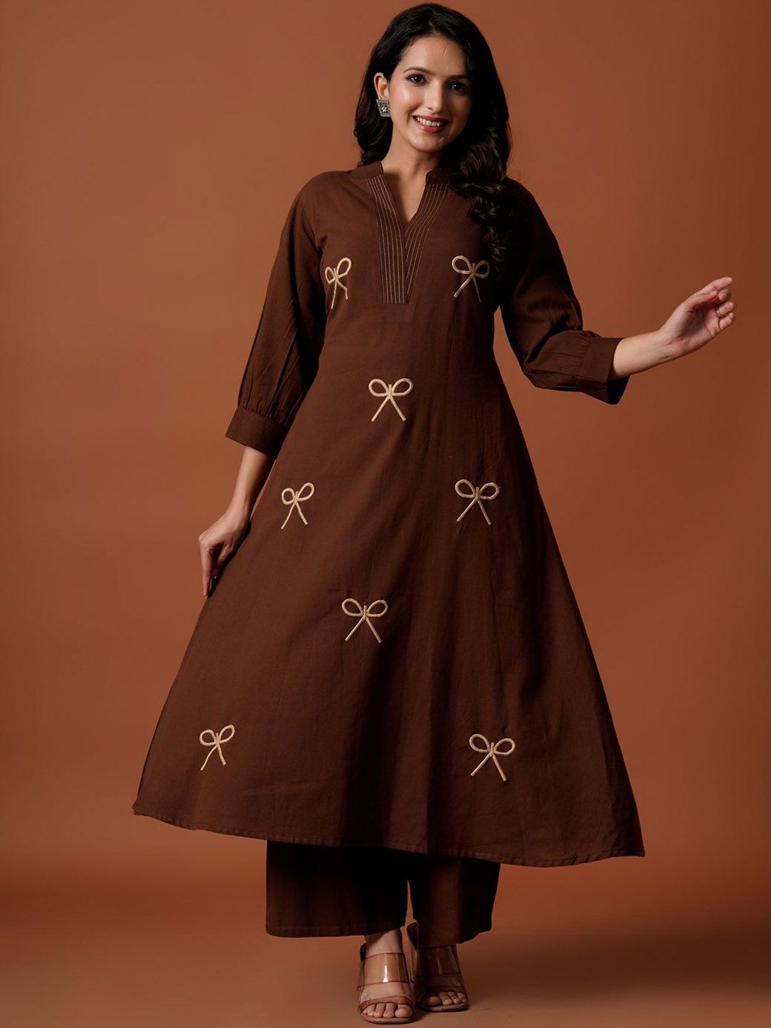 Dhiyona IE Embroidered Mandarin Collar Pure Cotton A-Line Top With Trousers