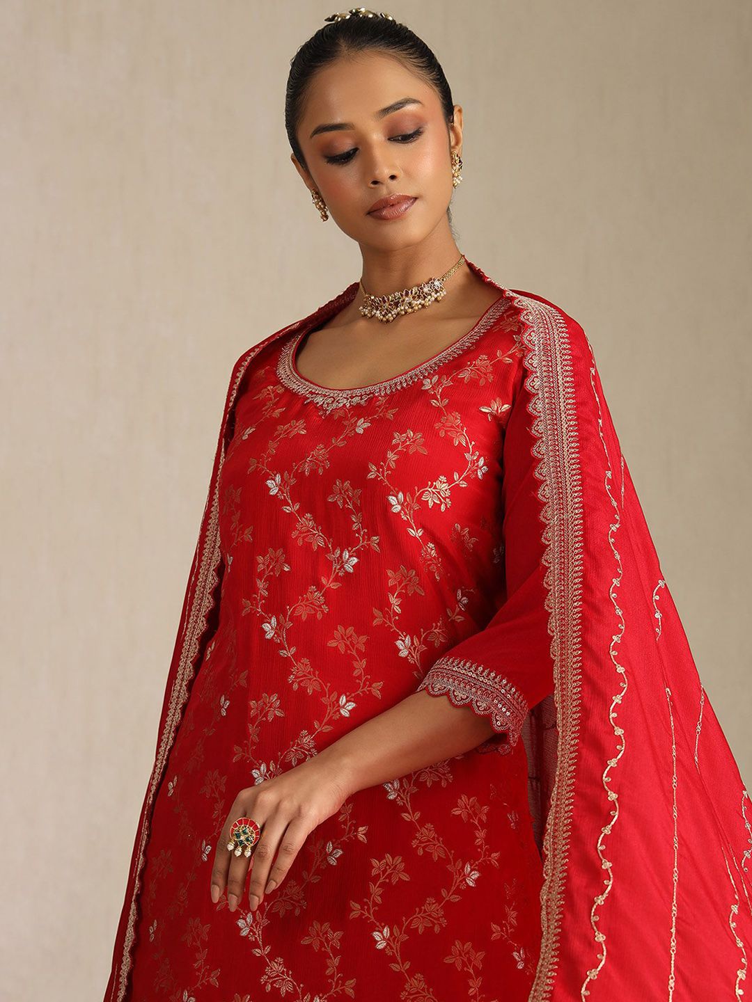 Dhiyona SO Women's Floral Embroidered Sequinned Straight Kurta With Palazzos And Dupatta