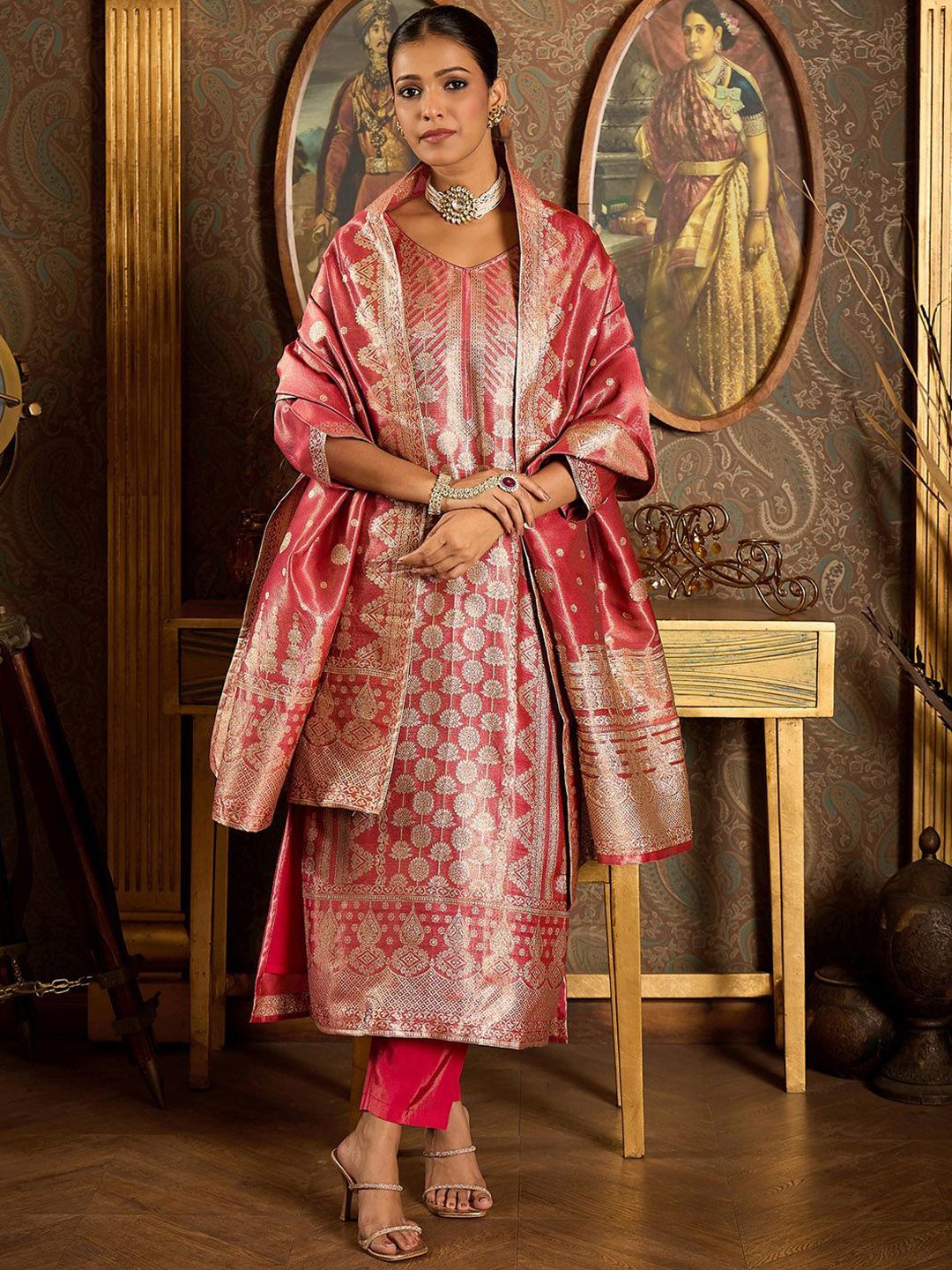 Dhiyona IE V-Neck Ethnic Motifs Woven Design Straight Kurta with Trouser & Dupatta