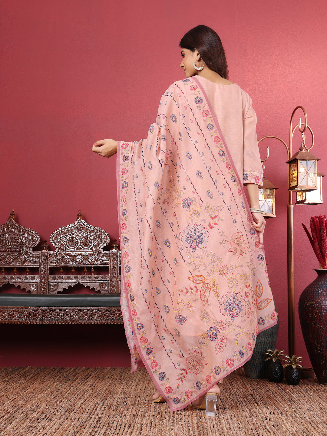 Dhiyona VR Women's Pure Kantha Hand Embroidered Kurta Set With Embroidered Dupatta