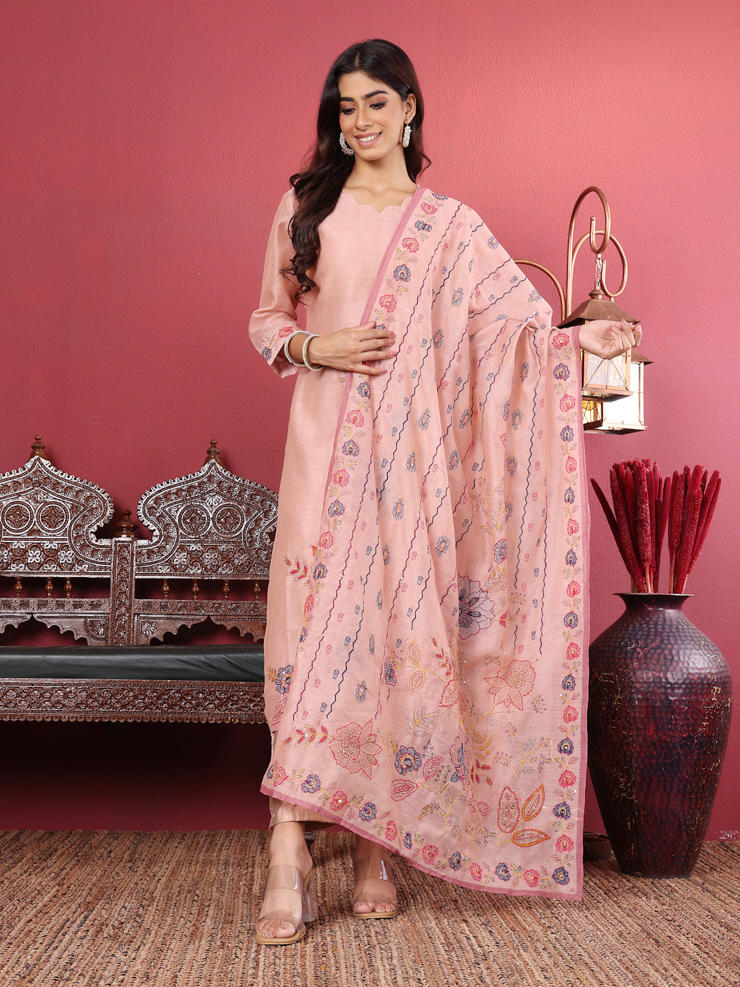 Dhiyona VR Women's Pure Kantha Hand Embroidered Kurta Set With Embroidered Dupatta