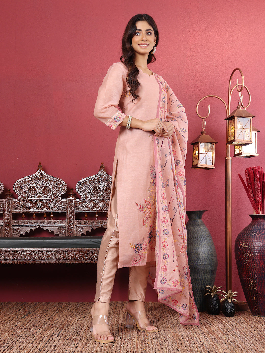 Dhiyona VR Women's Pure Kantha Hand Embroidered Kurta Set With Embroidered Dupatta